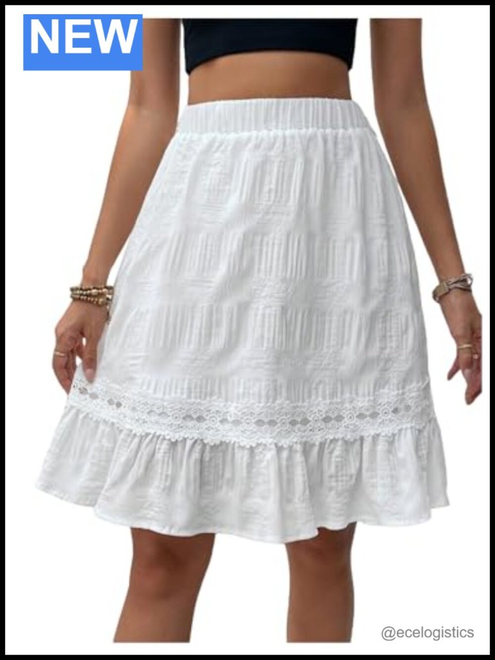 Women's High Waist A-Line Skirt with Contrast Lace and Ruffle Hem Knee Length
